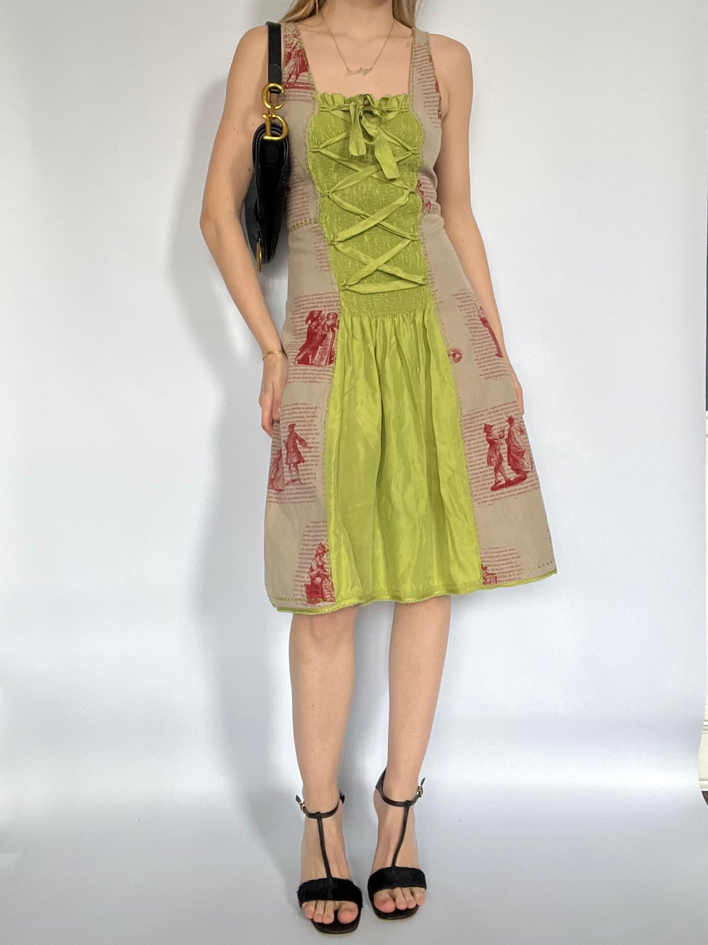 Green graphic lace up milk maid dress