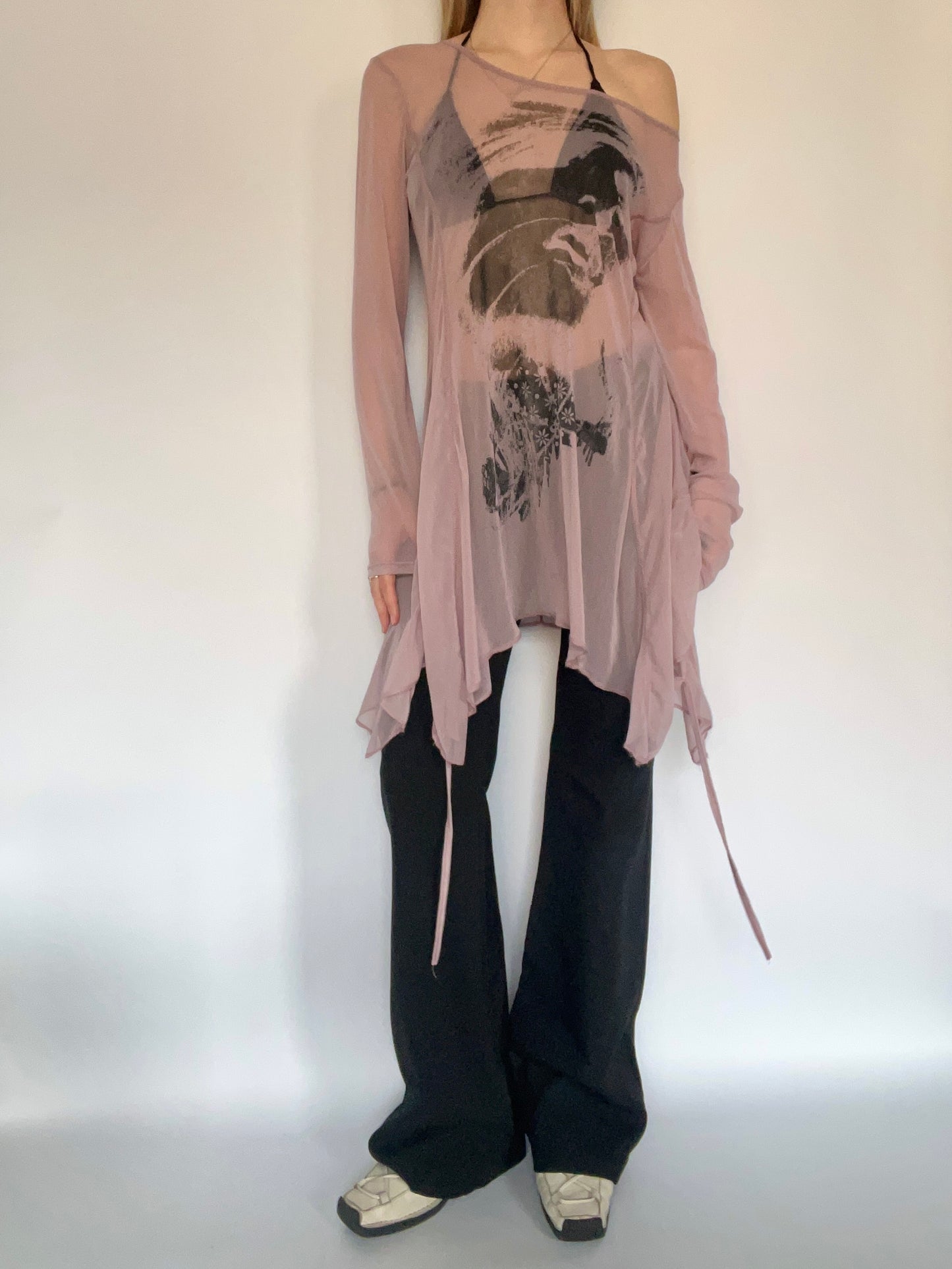 Asymmetric lilac face print mini dress