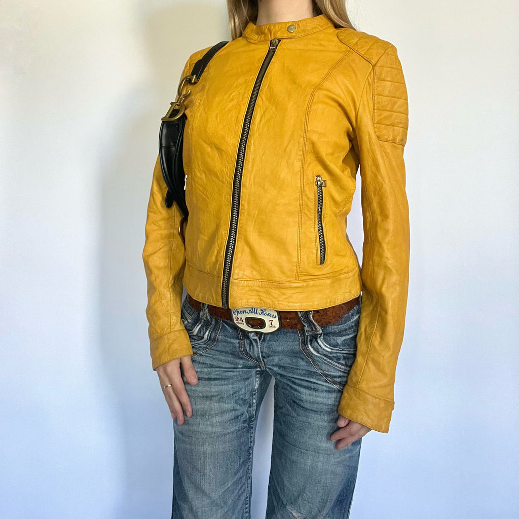 Yellow leather zip up moto jacket