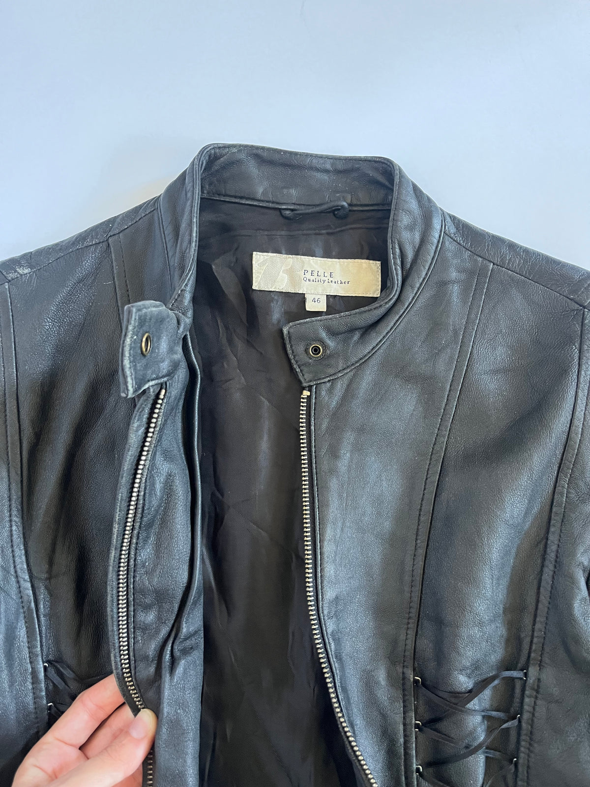 Black genuine leather lace up moto jacket