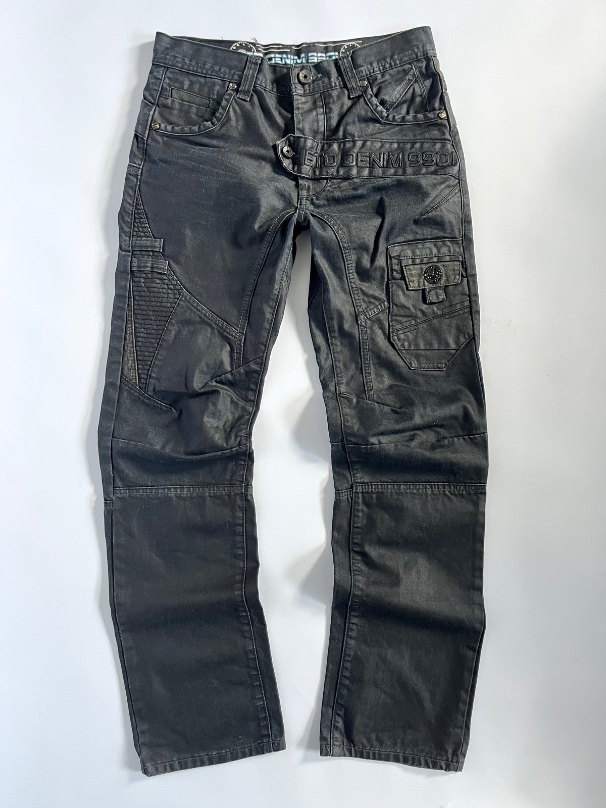 Black subversive Japanese style waxed straight leg jeans