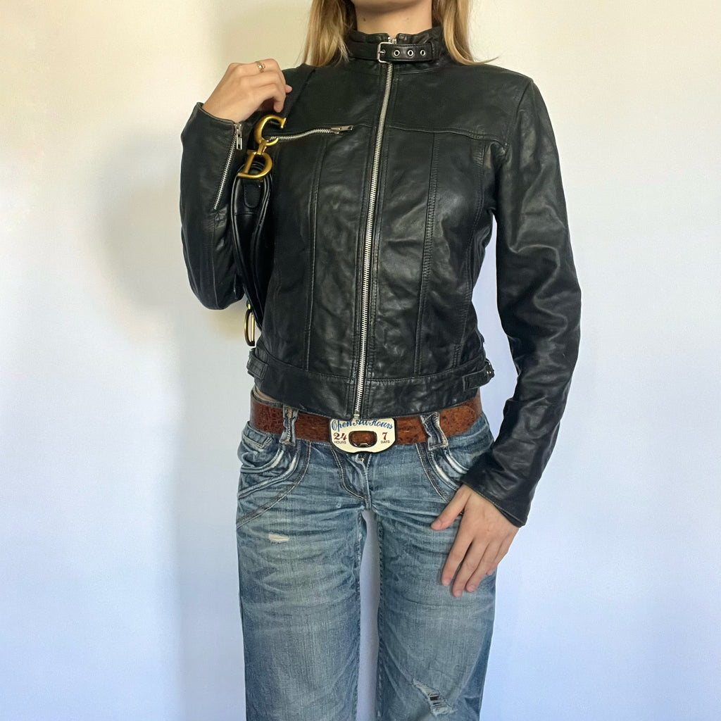 Black genuine leather buckle zip up moto jacket
