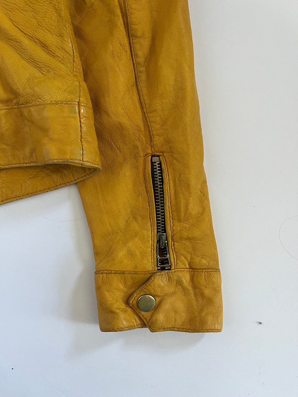 Yellow leather zip up moto jacket
