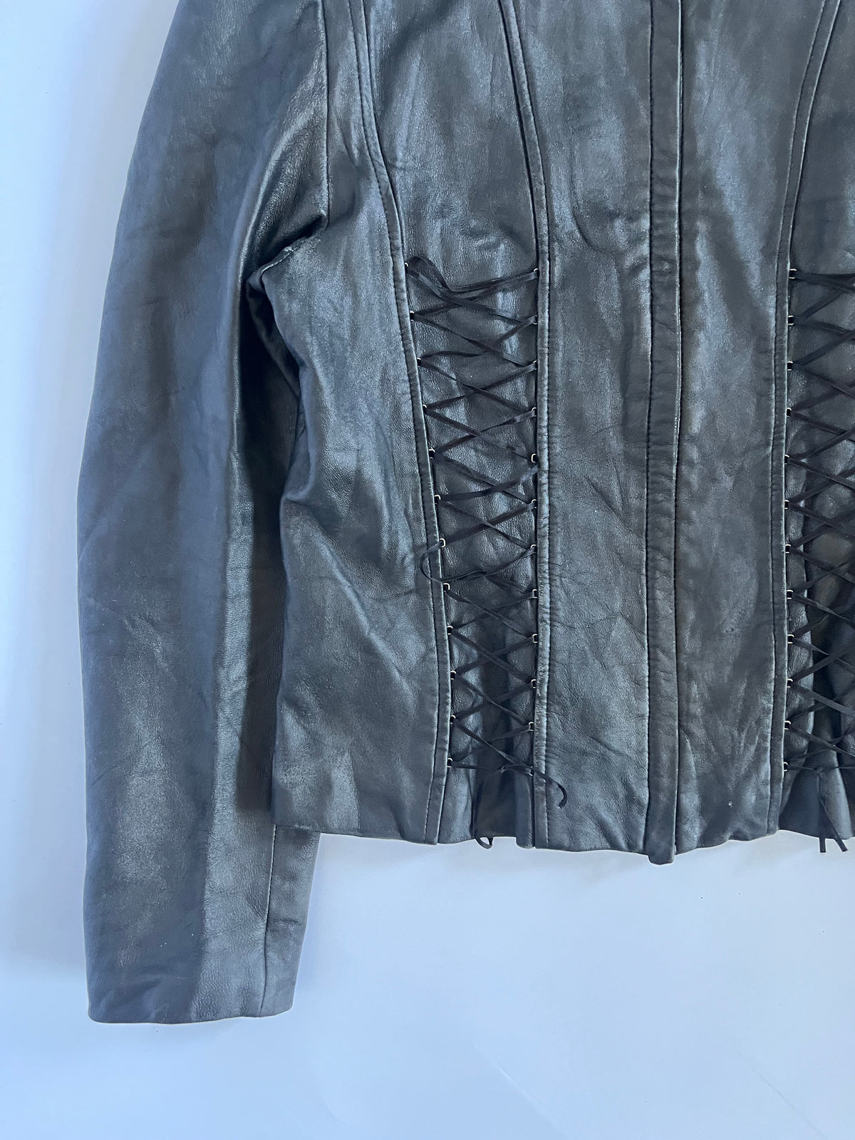 Black genuine leather lace up moto jacket