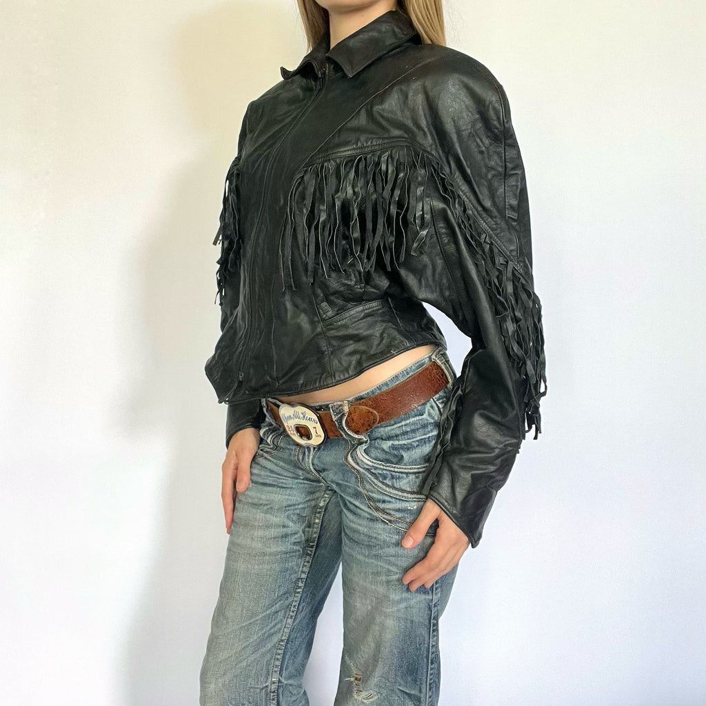 Black leather fringe western jacket