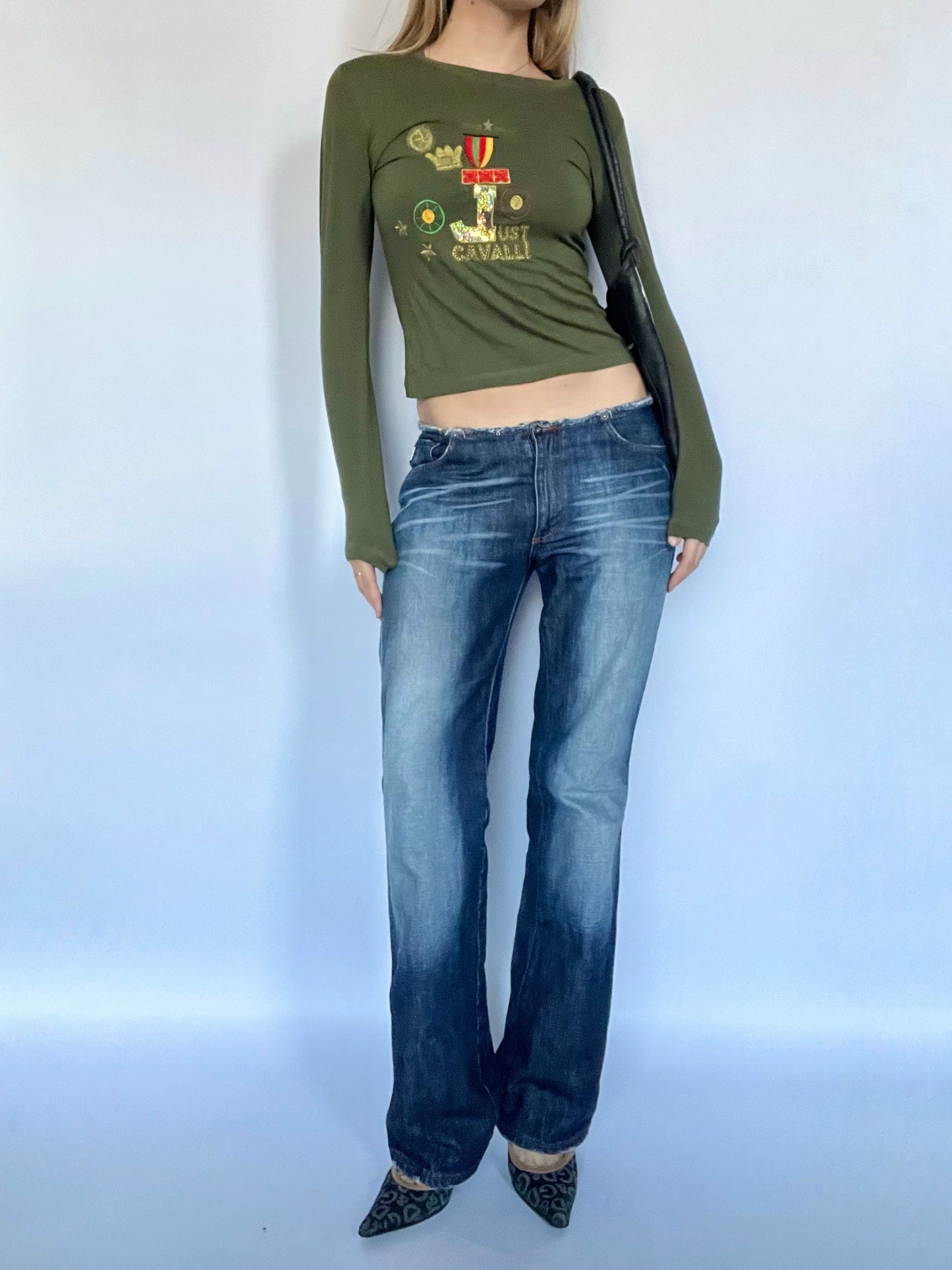 Just Cavalli khaki military graphic long sleeve top