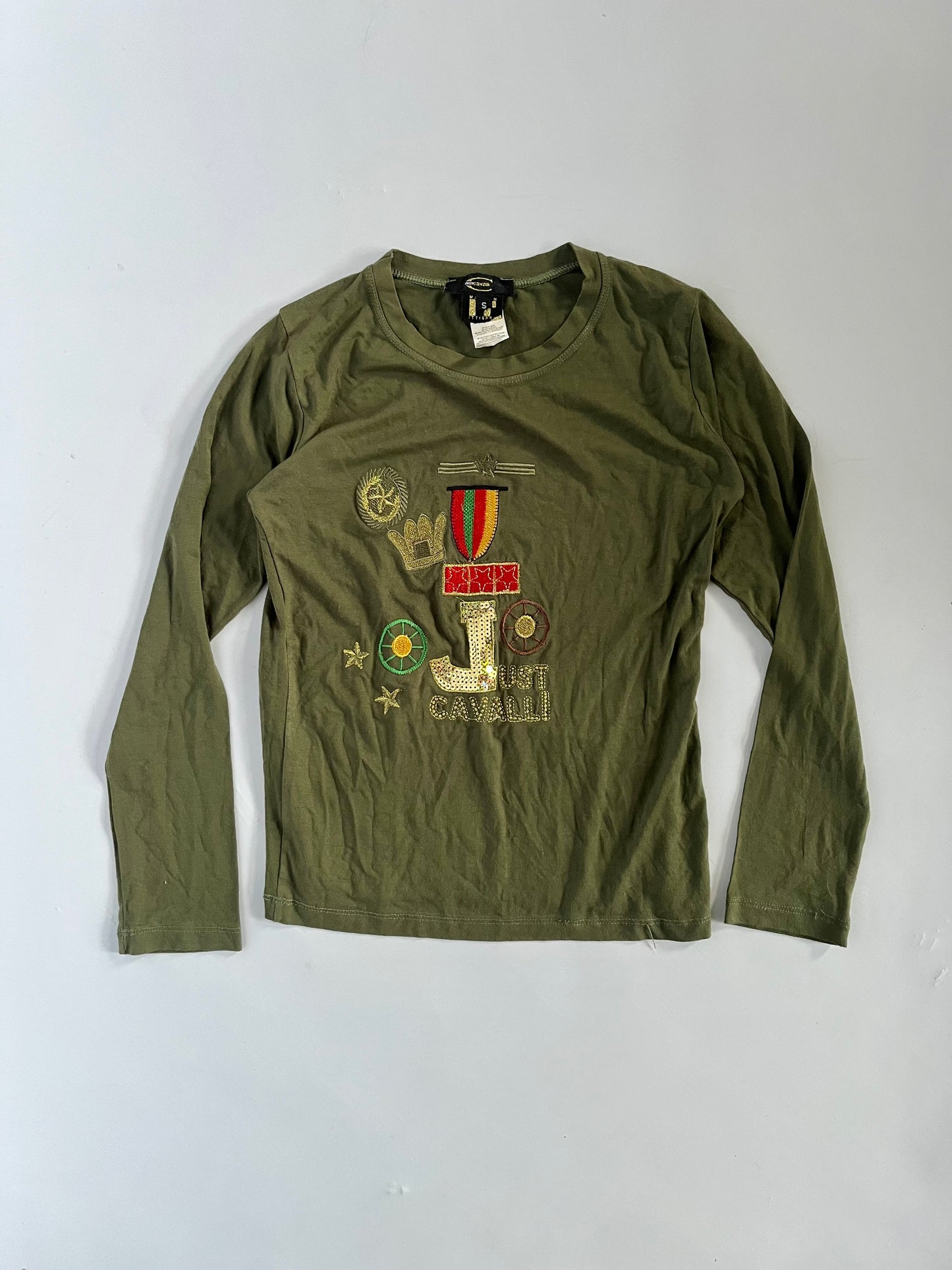 Just Cavalli khaki military graphic long sleeve top