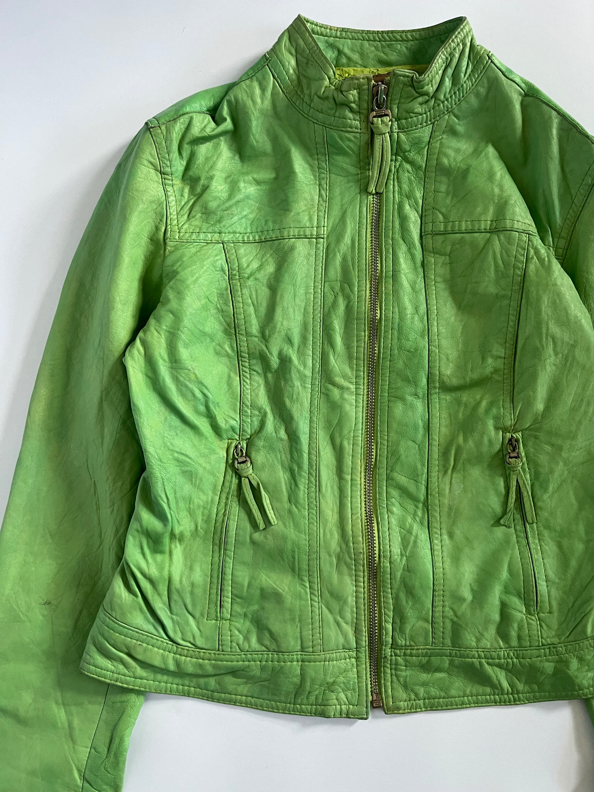Tight fit green leather zip up moto jacket