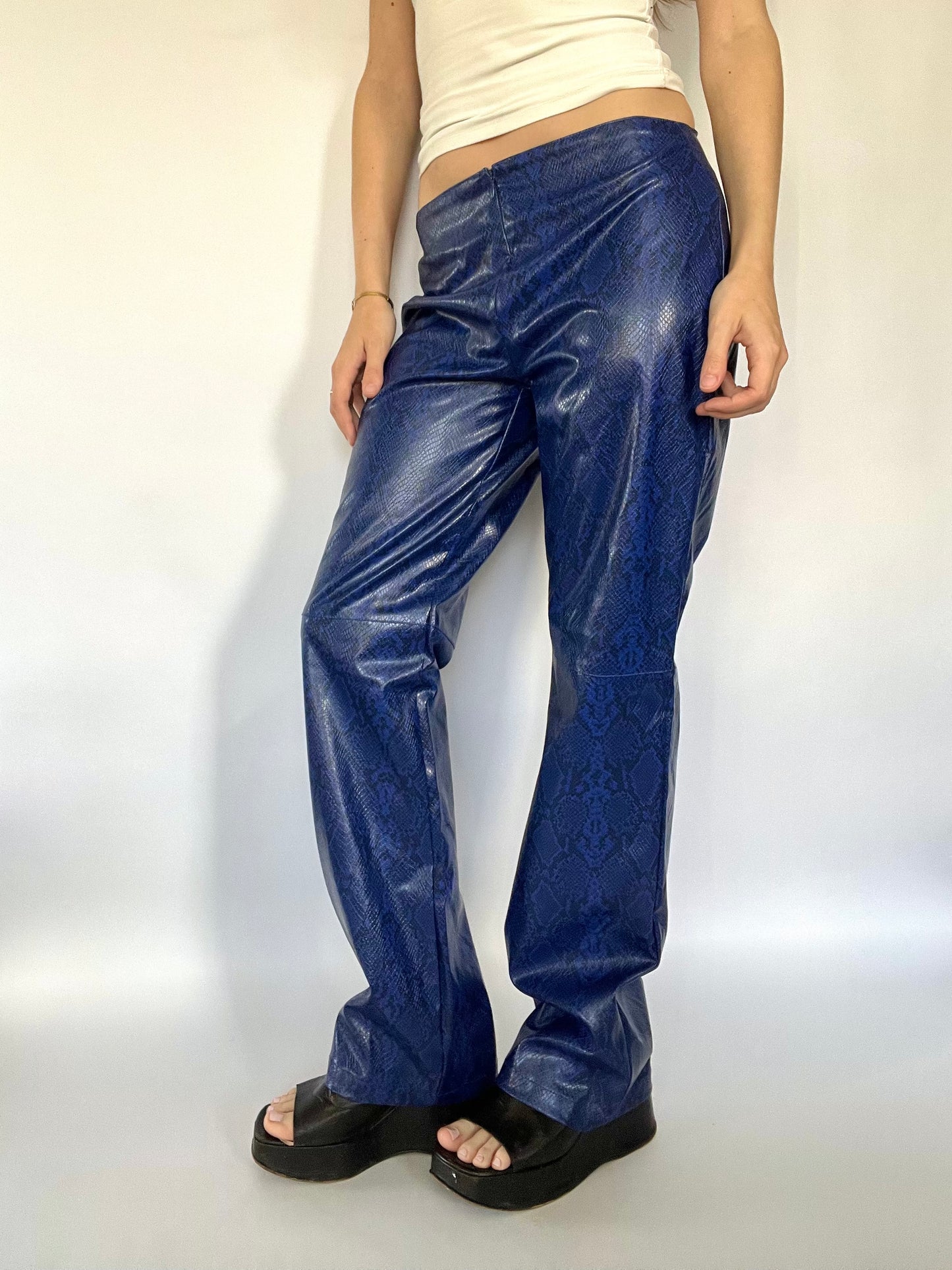 Blue patent snakeskin trousers