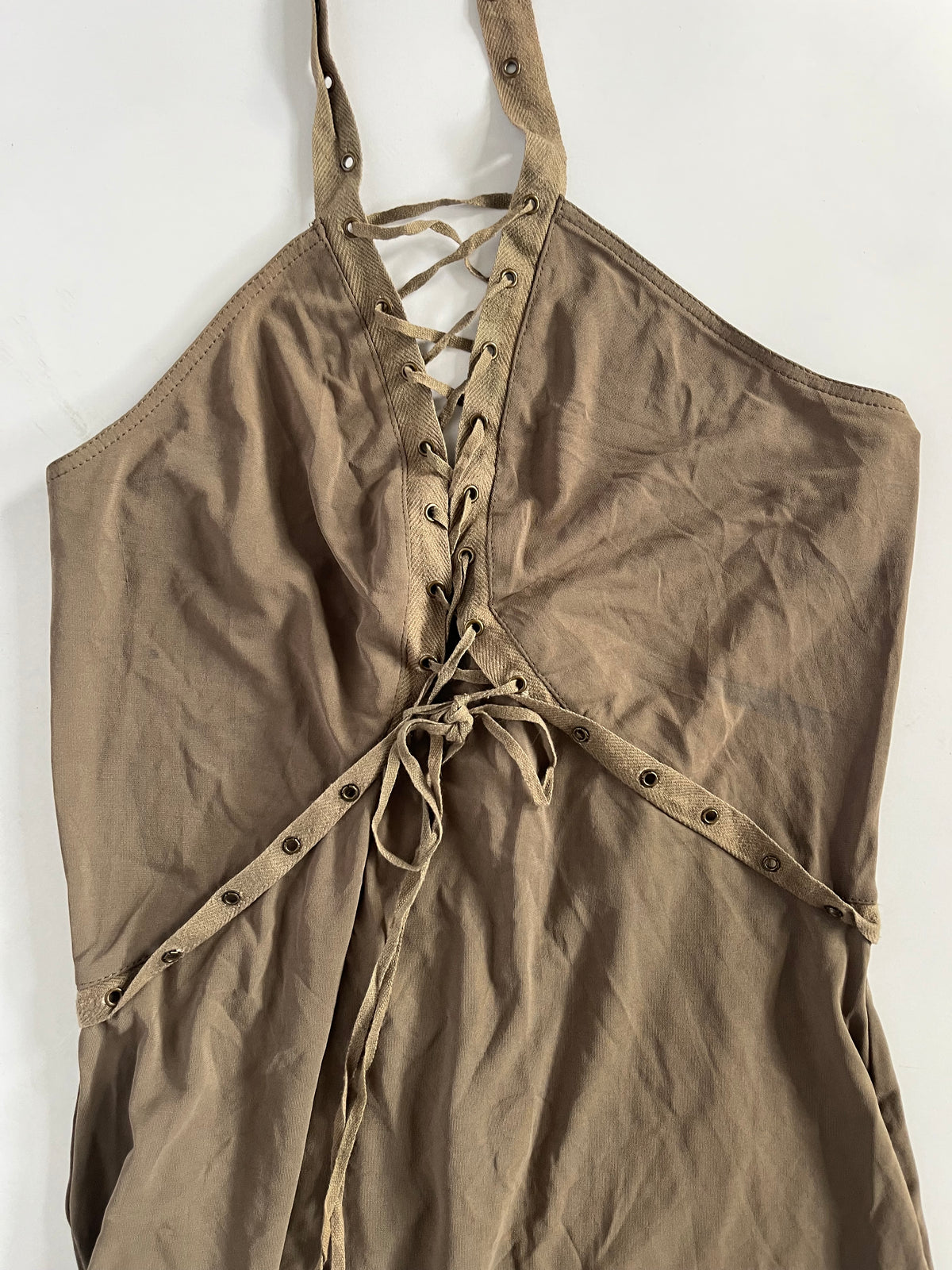 Slinky khaki green lace up halter neck mini dress