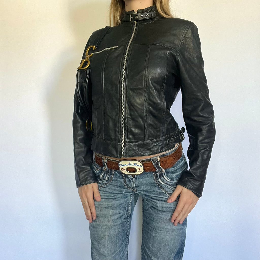Black genuine leather buckle zip up moto jacket