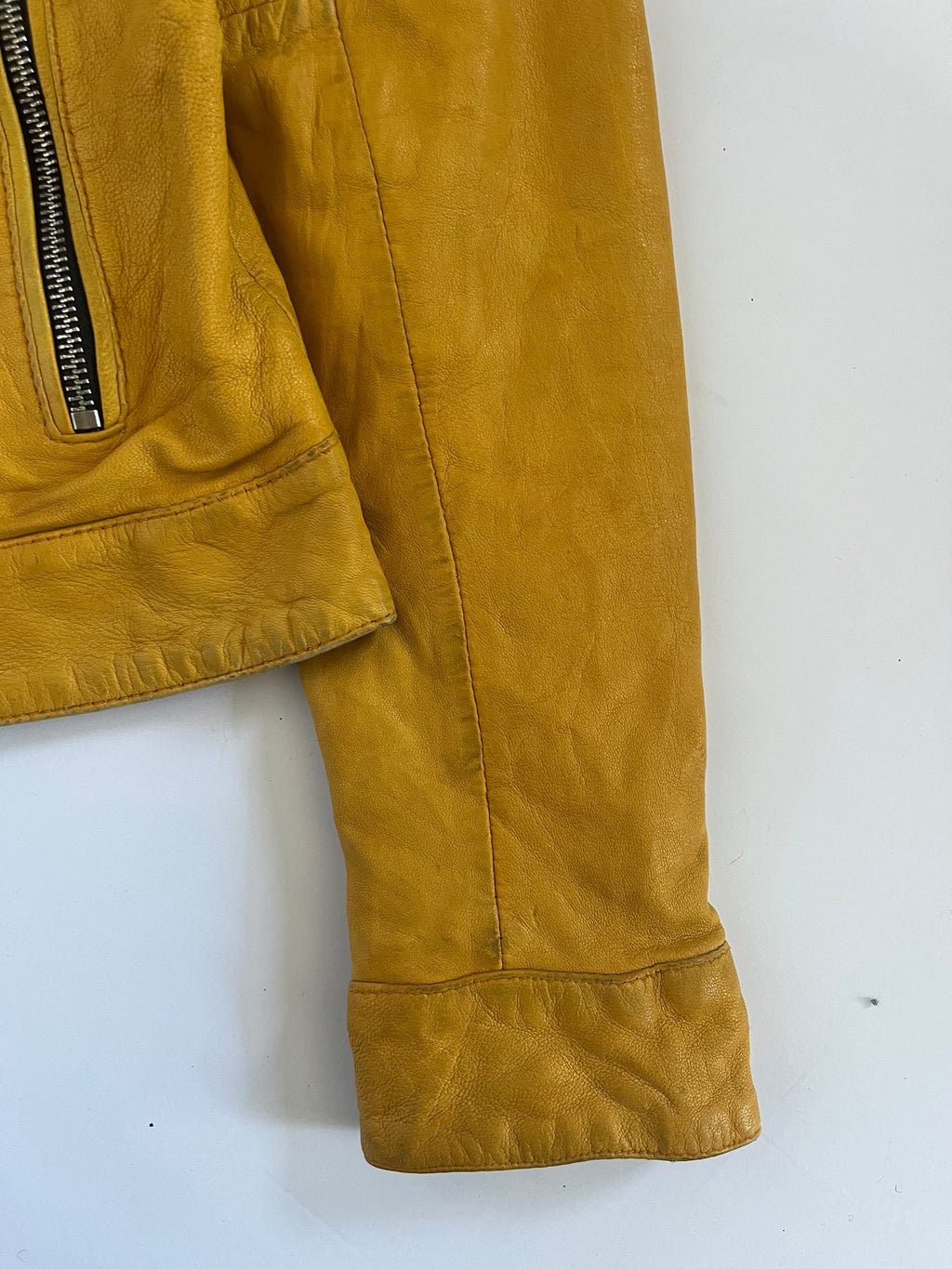 Yellow leather zip up moto jacket