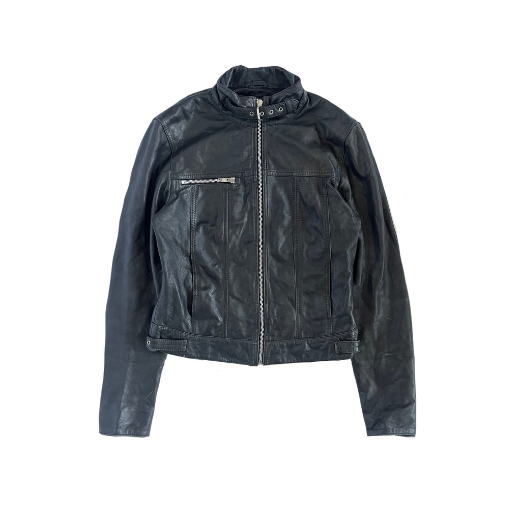 Black genuine leather buckle zip up moto jacket