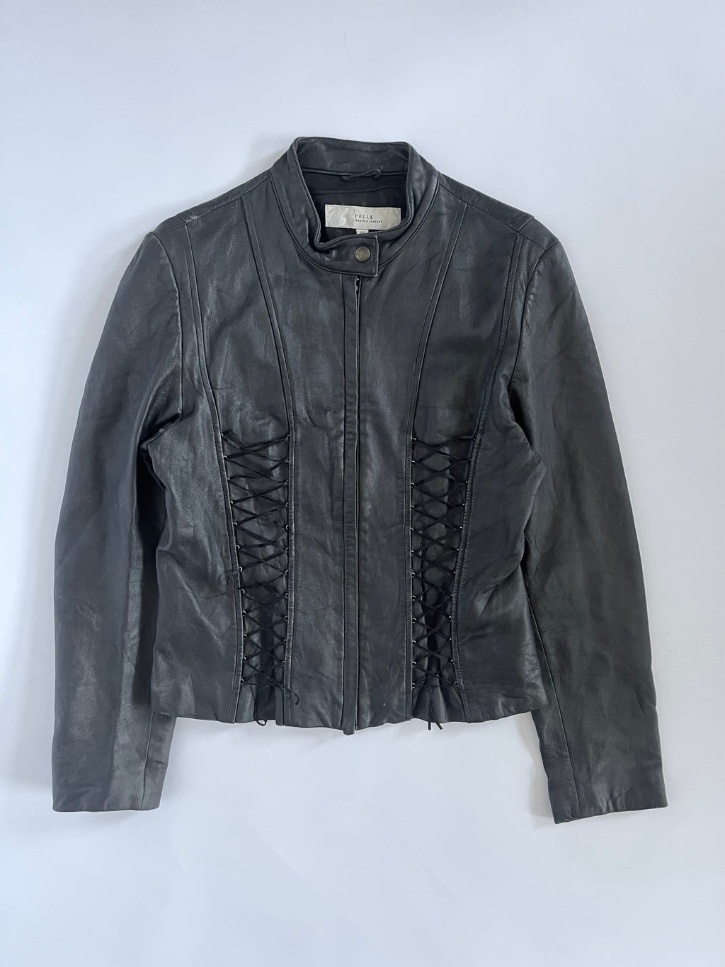 Black genuine leather lace up moto jacket