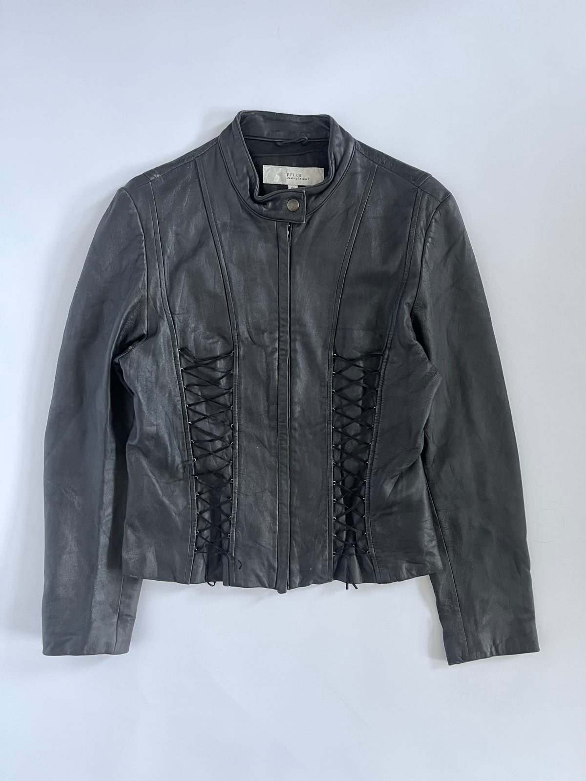 Black genuine leather lace up moto jacket