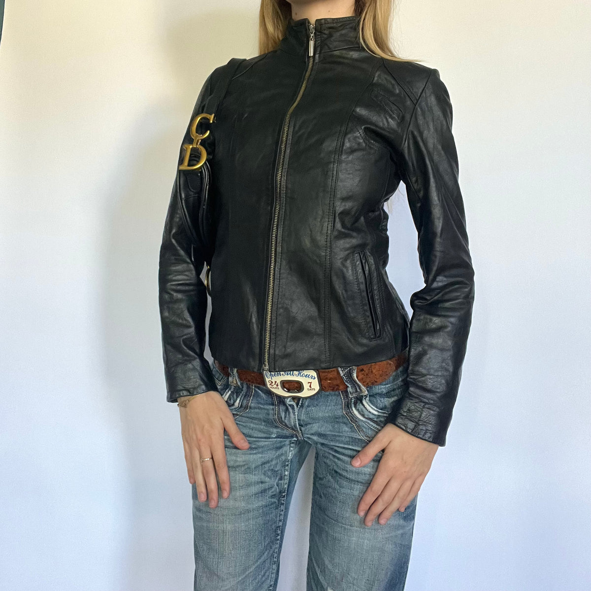 Black tight fit zip up leather jacket