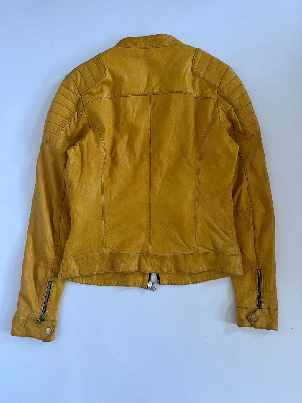 Yellow leather zip up moto jacket