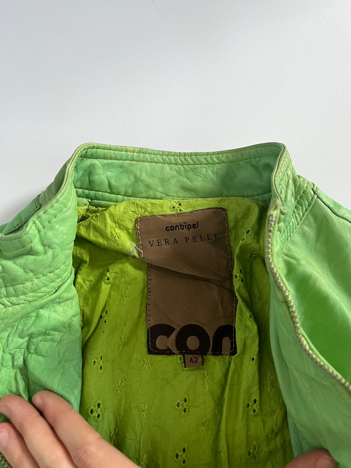 Tight fit green leather zip up moto jacket