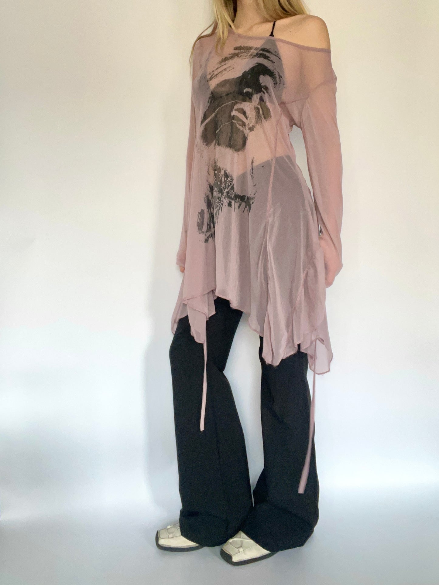 Asymmetric lilac face print mini dress