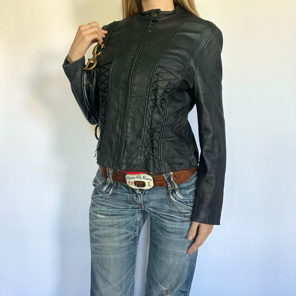 Black genuine leather lace up moto jacket