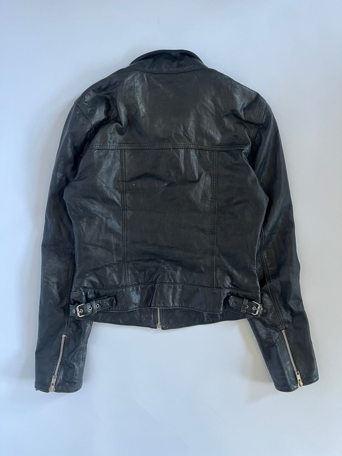 Black genuine leather buckle zip up moto jacket