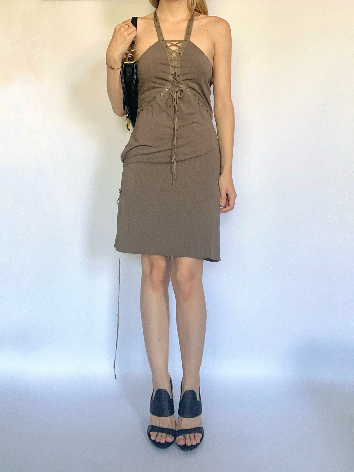 Slinky khaki green lace up halter neck mini dress