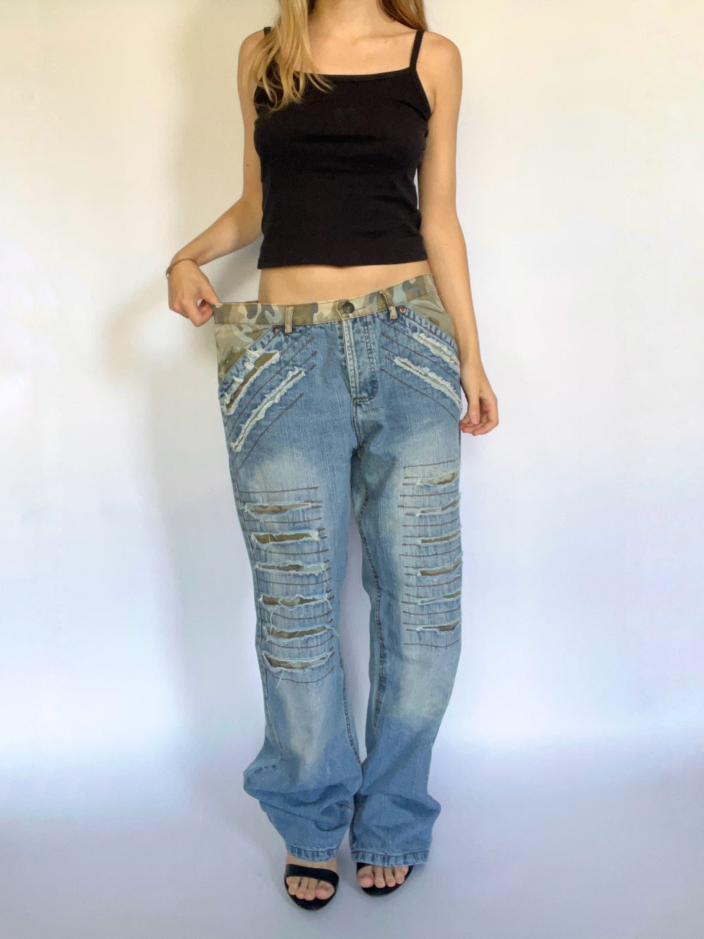 Camo distressed straight leg jeans