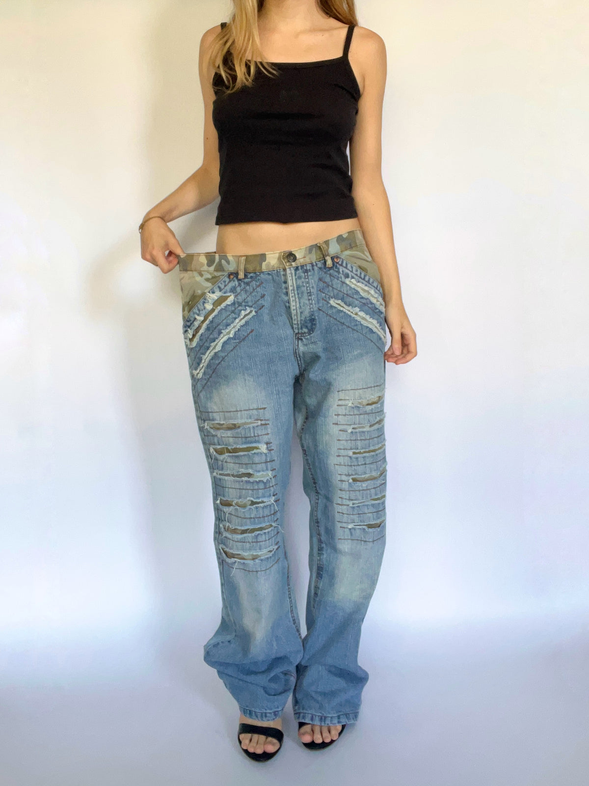 Camo distressed straight leg jeans