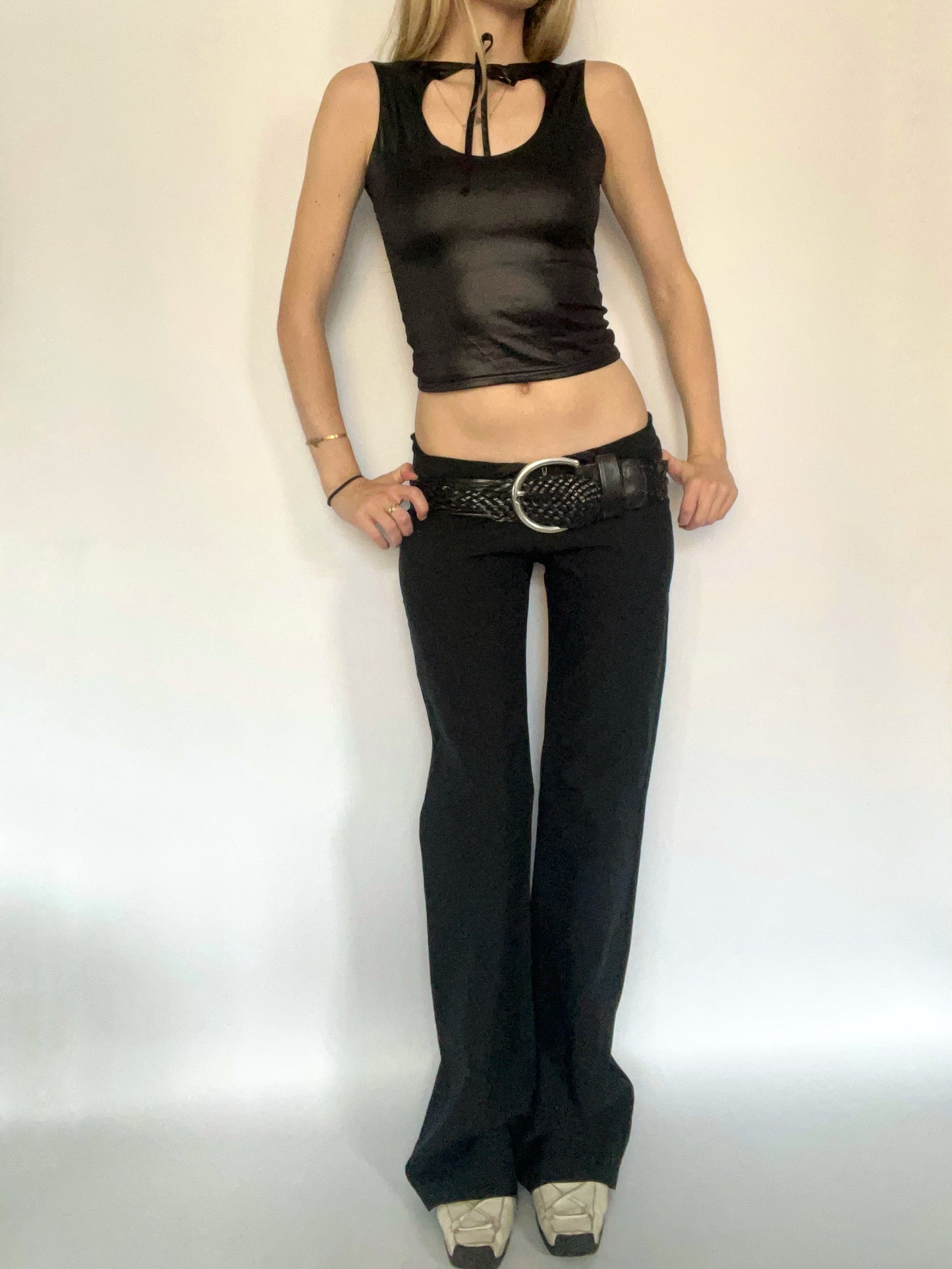 Black shiny cut out tank top