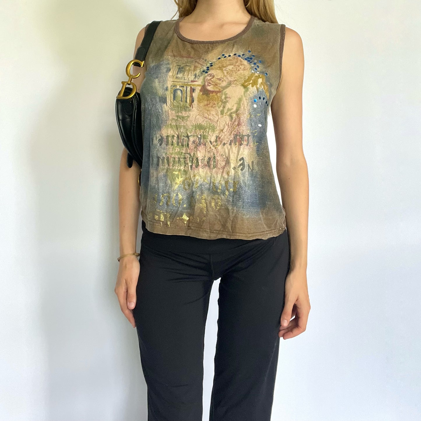 French graphic mesh back tank top