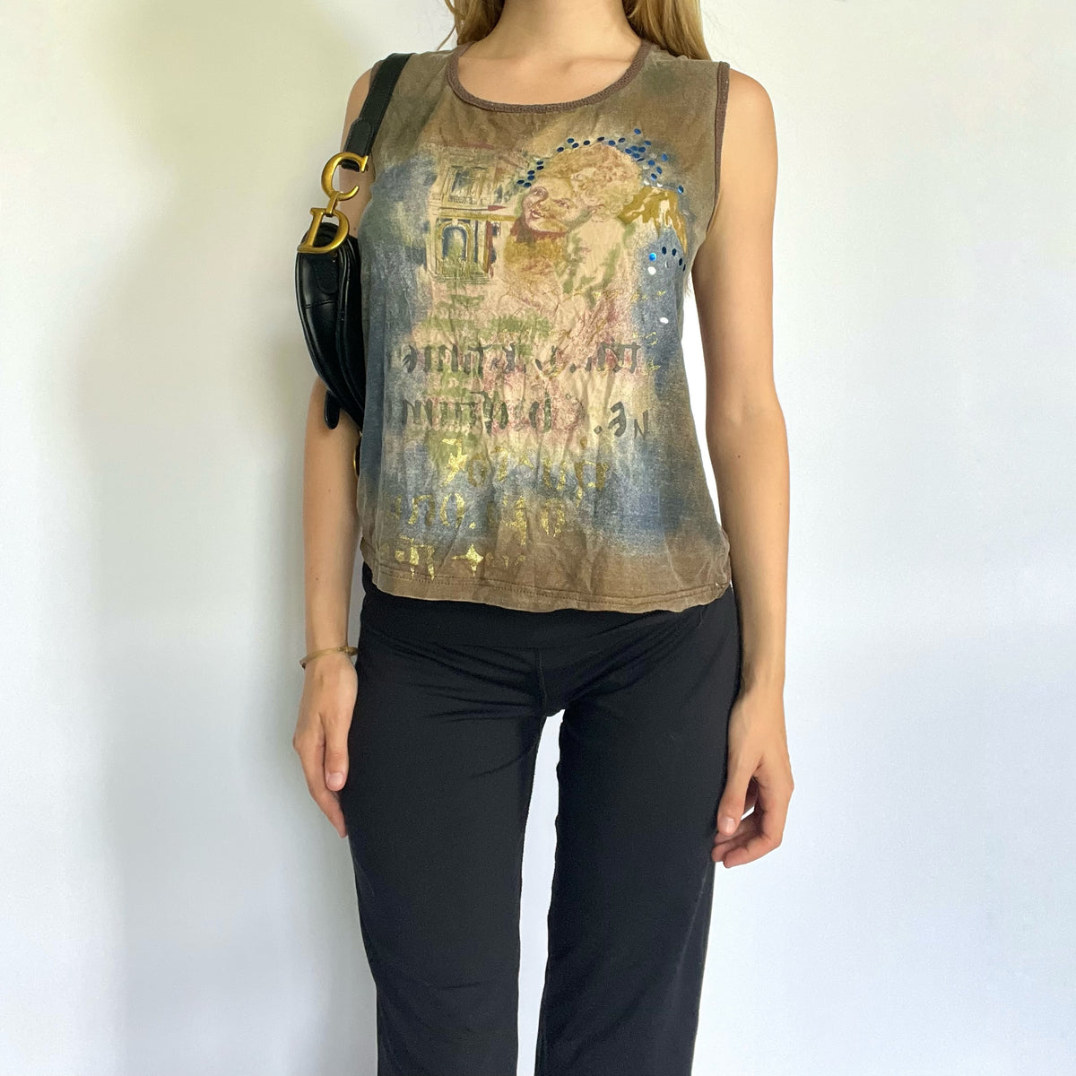 French graphic mesh back tank top