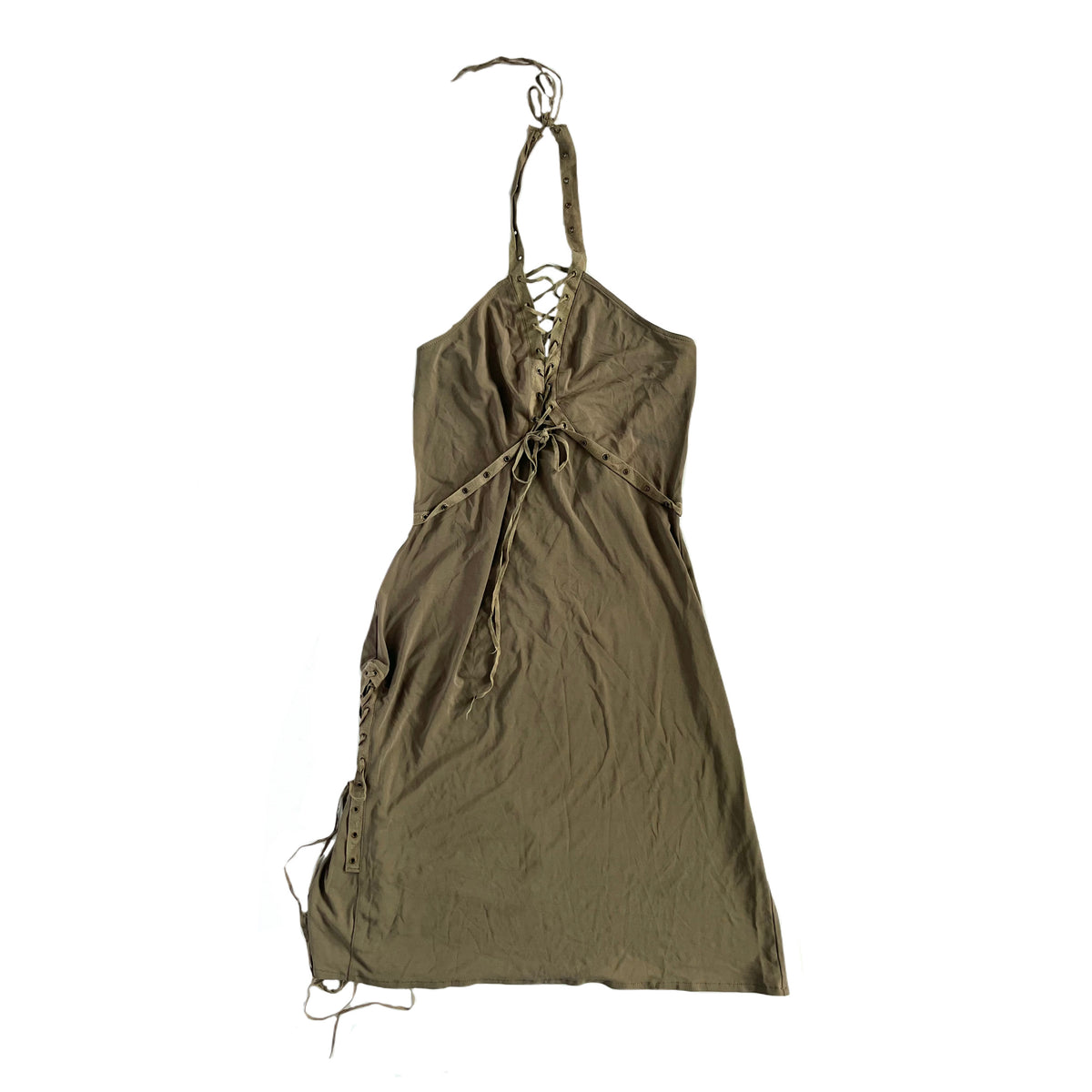 Slinky khaki green lace up halter neck mini dress