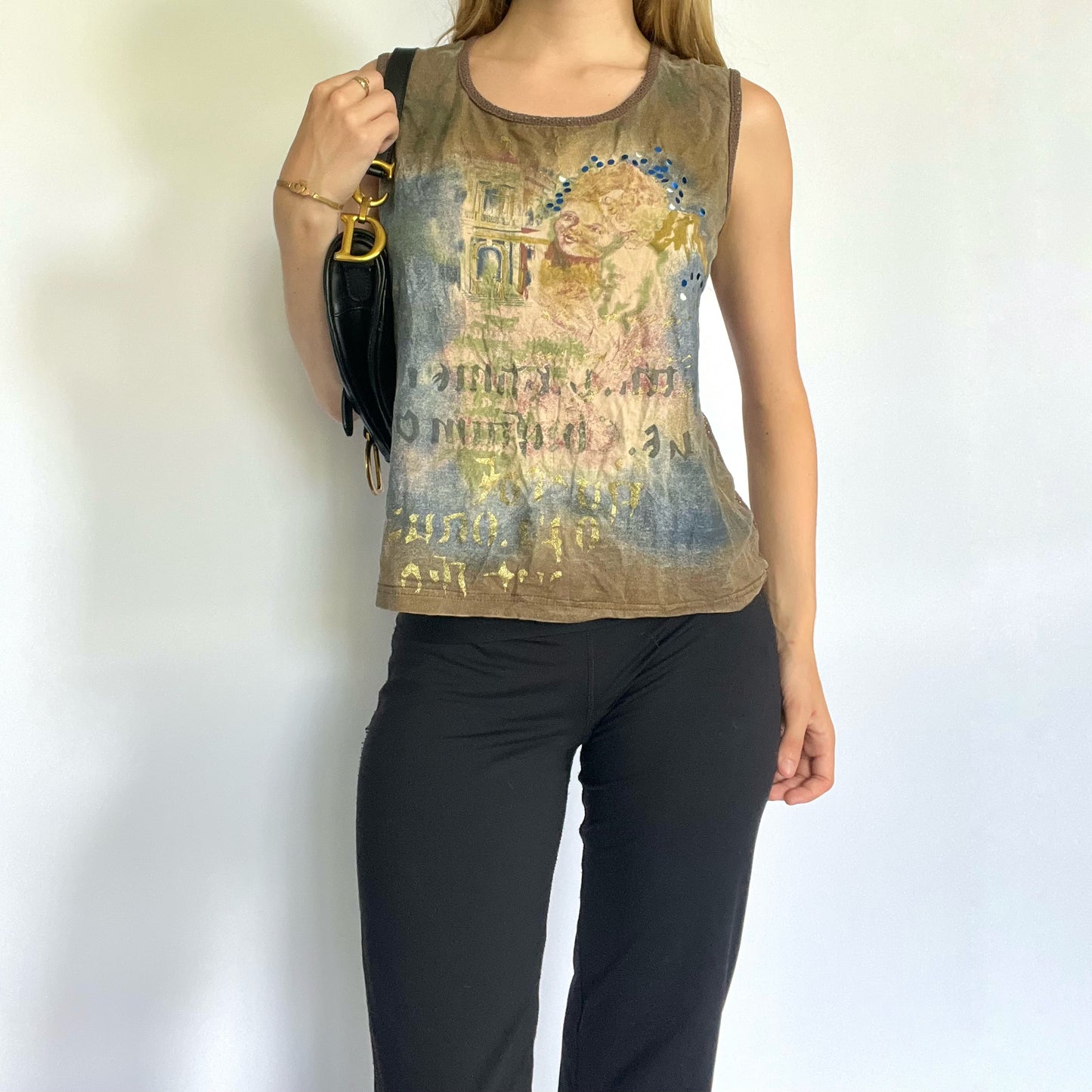 French graphic mesh back tank top