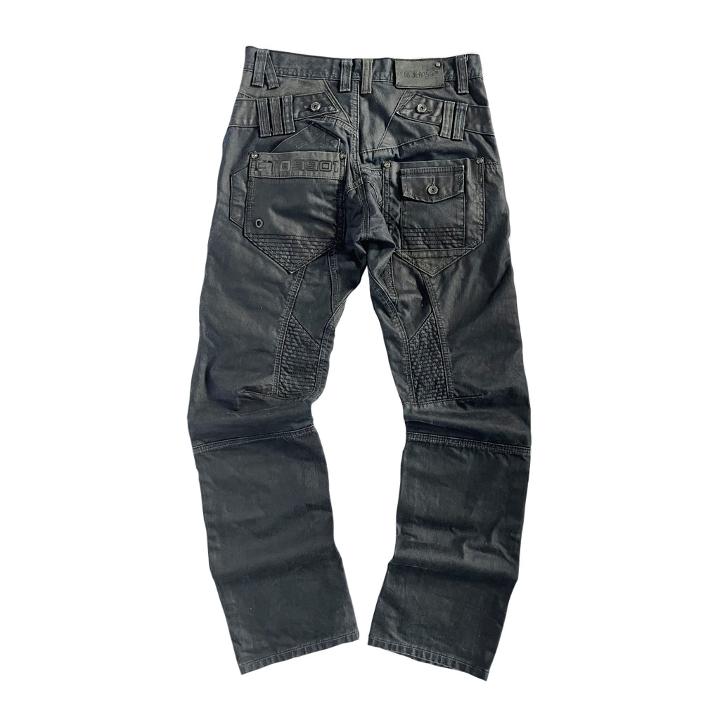 Black subversive Japanese style waxed straight leg jeans