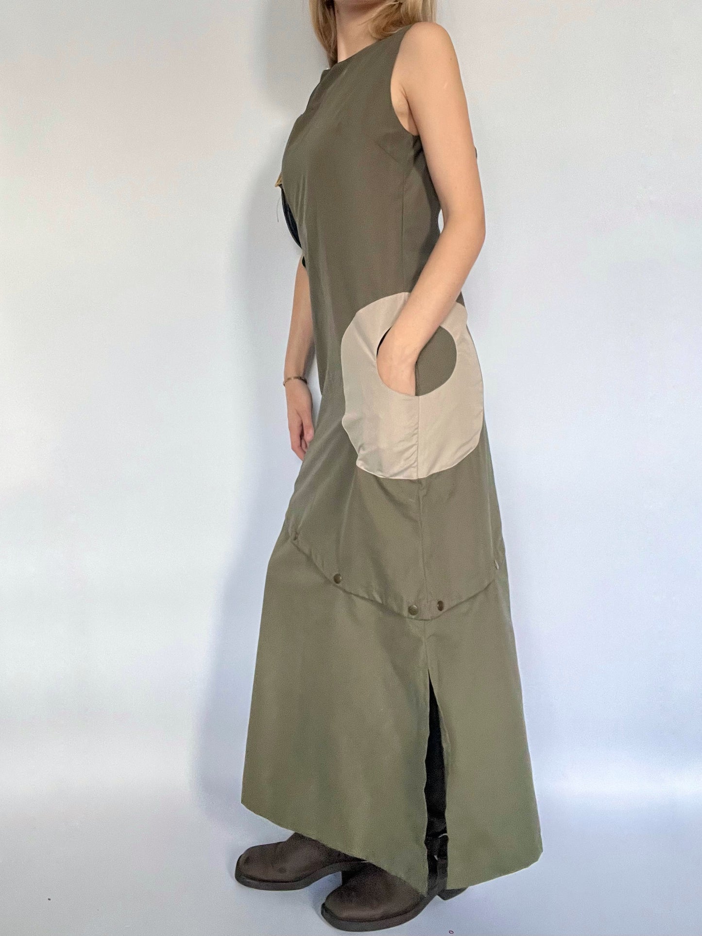 Khaki cargo adjustable maxi dress