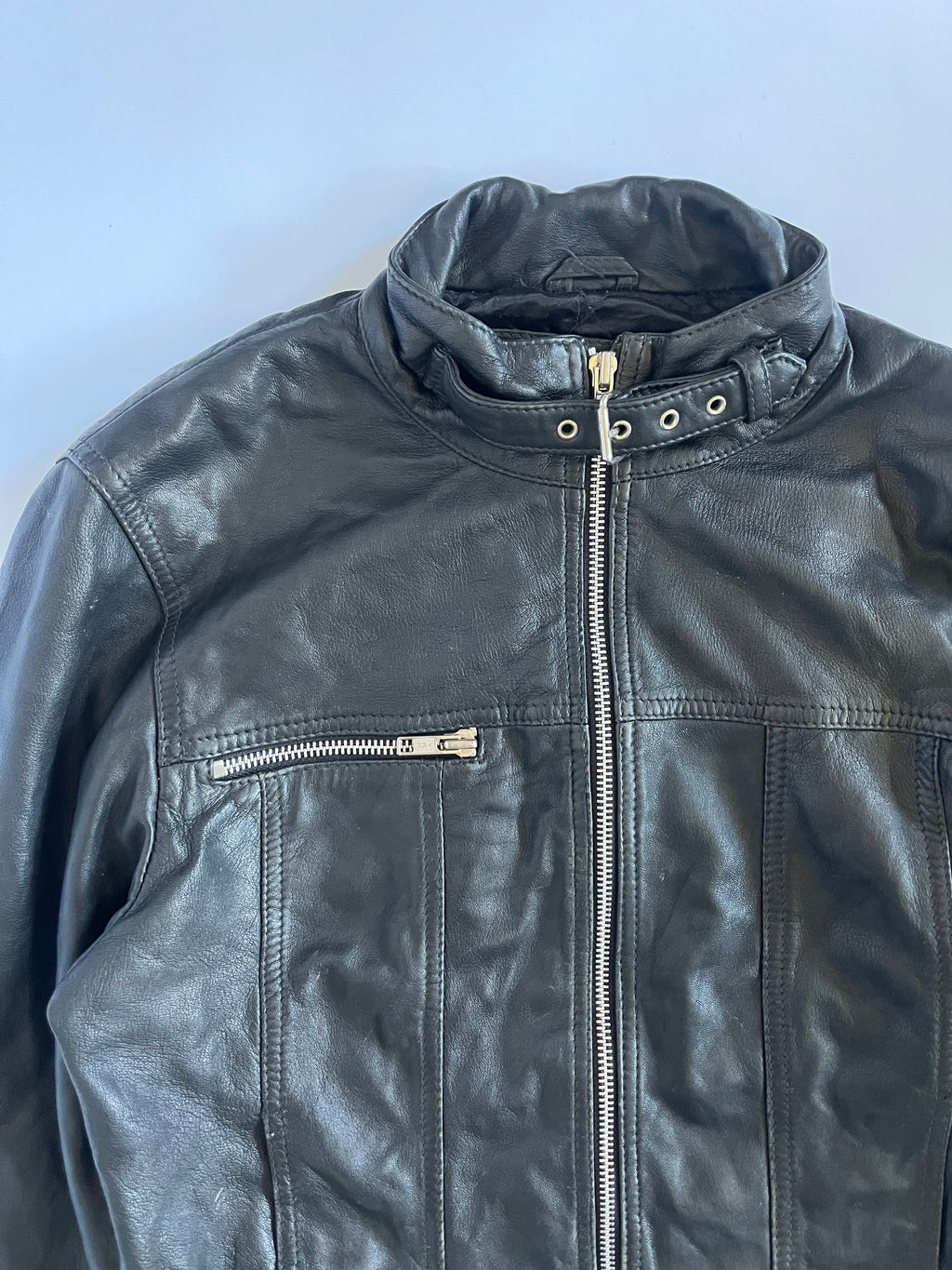 Black genuine leather buckle zip up moto jacket