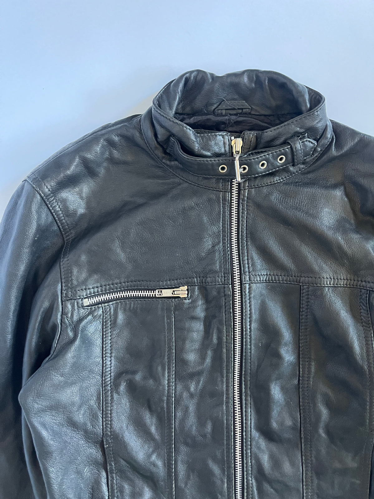 Black genuine leather buckle zip up moto jacket