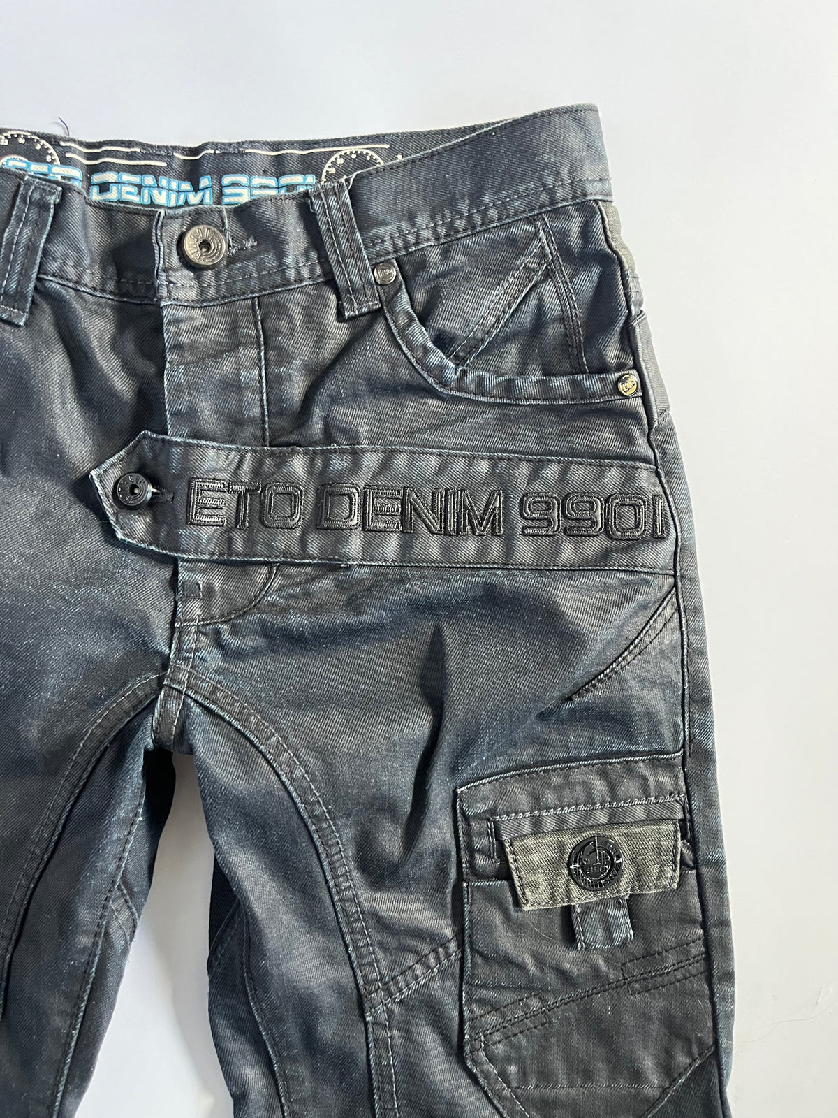 Black subversive Japanese style waxed straight leg jeans