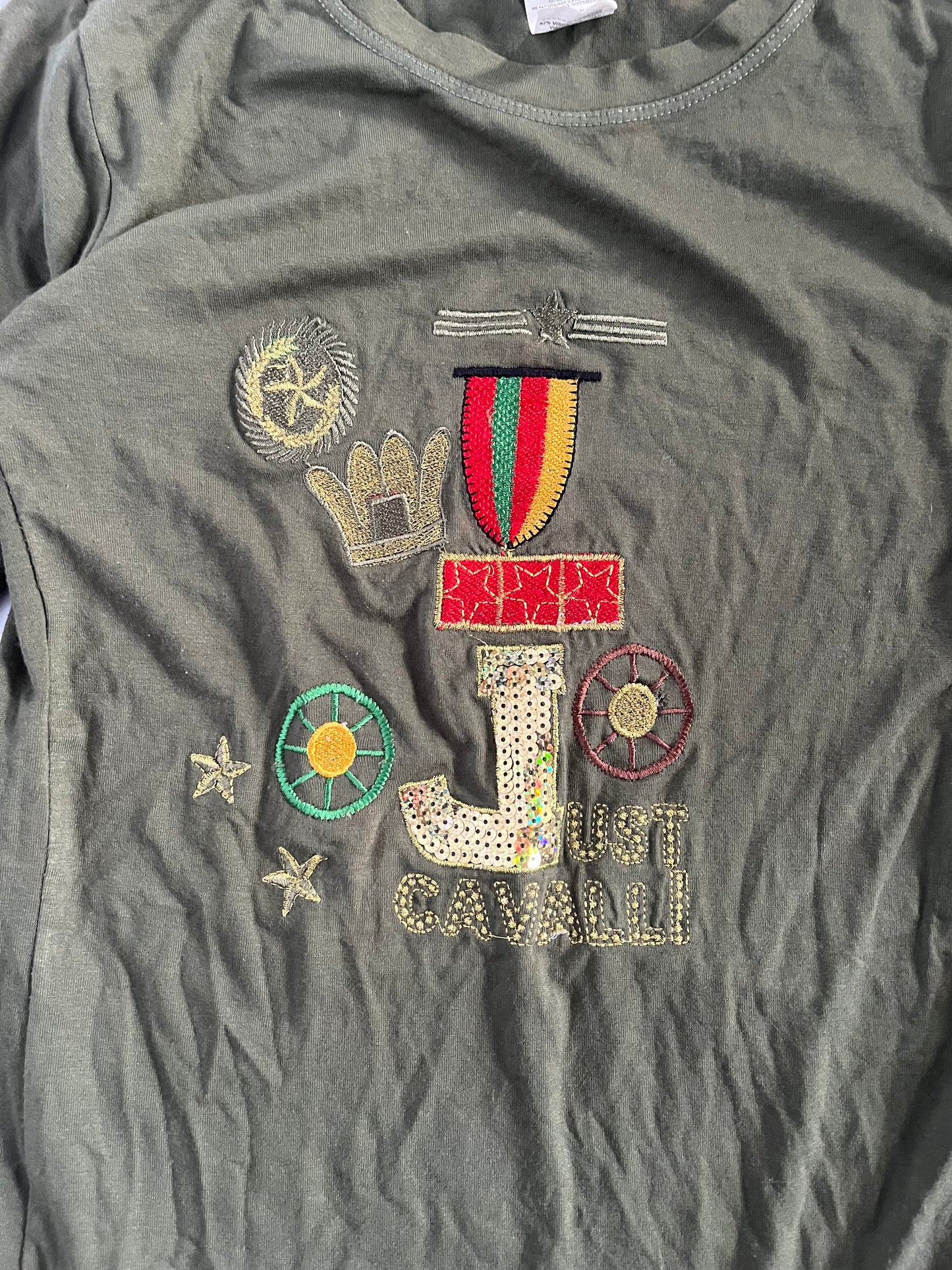 Just Cavalli khaki military graphic long sleeve top