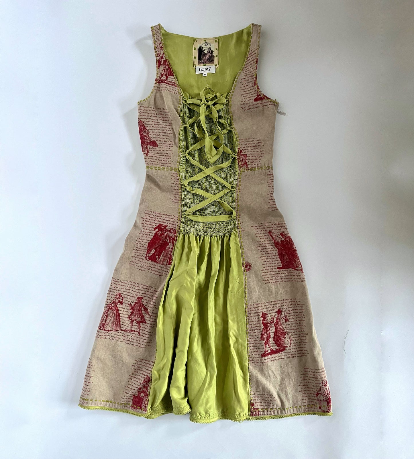 Green graphic lace up milk maid dress