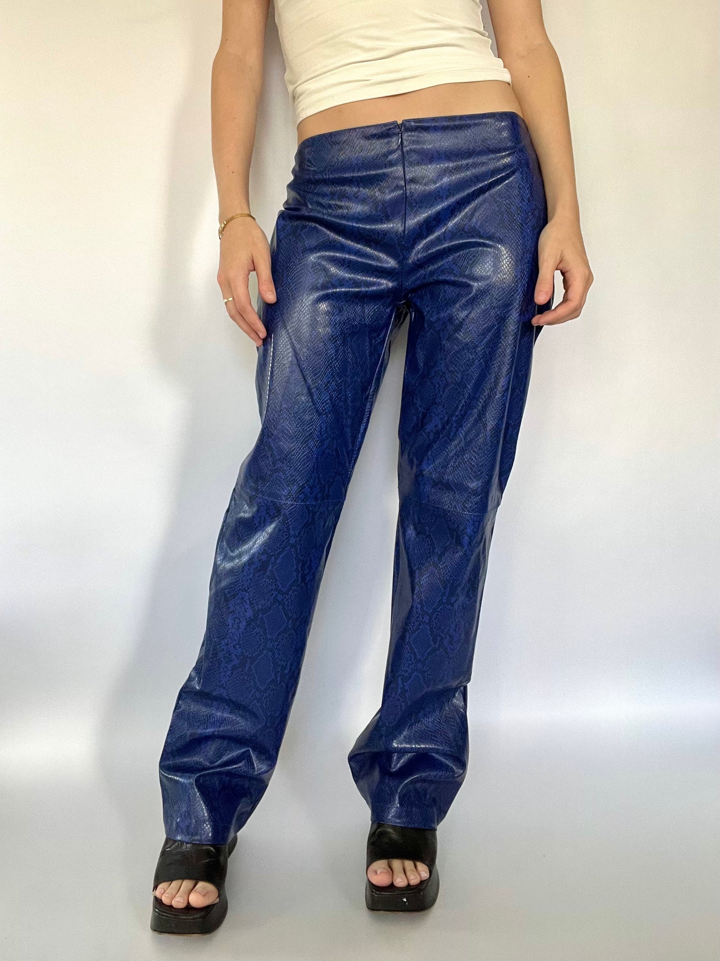 Blue patent snakeskin trousers