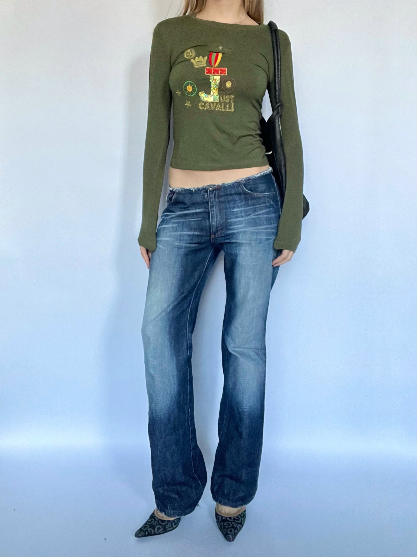 Just Cavalli khaki military graphic long sleeve top