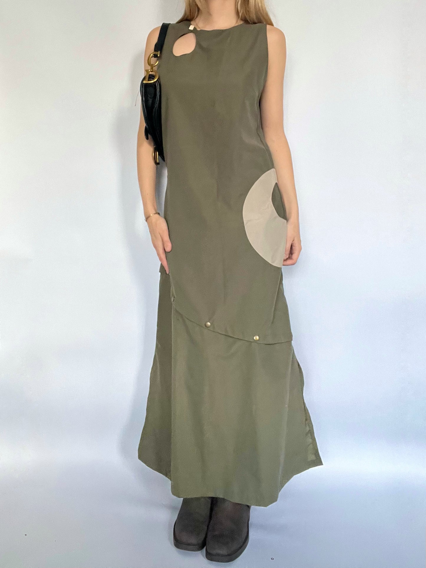 Khaki cargo adjustable maxi dress