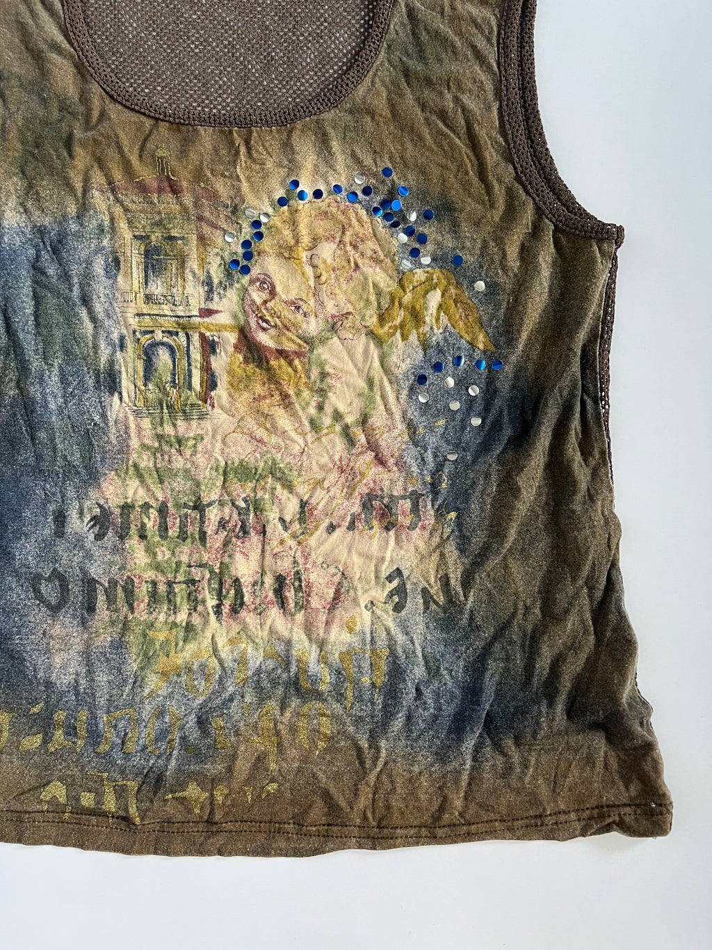 French graphic mesh back tank top