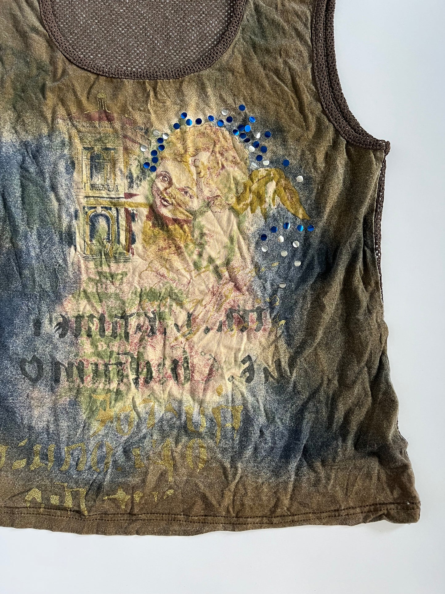French graphic mesh back tank top