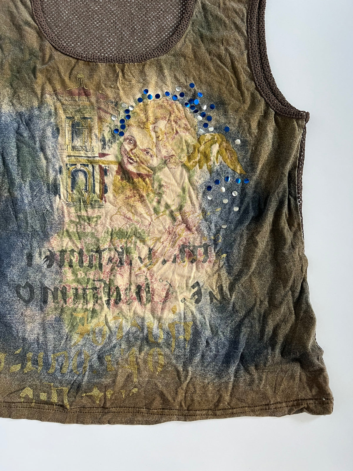 French graphic mesh back tank top