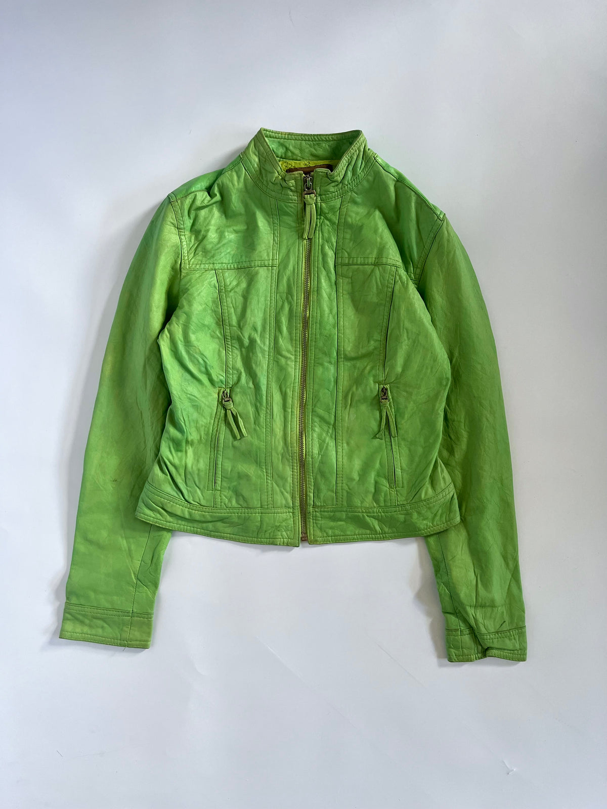 Tight fit green leather zip up moto jacket