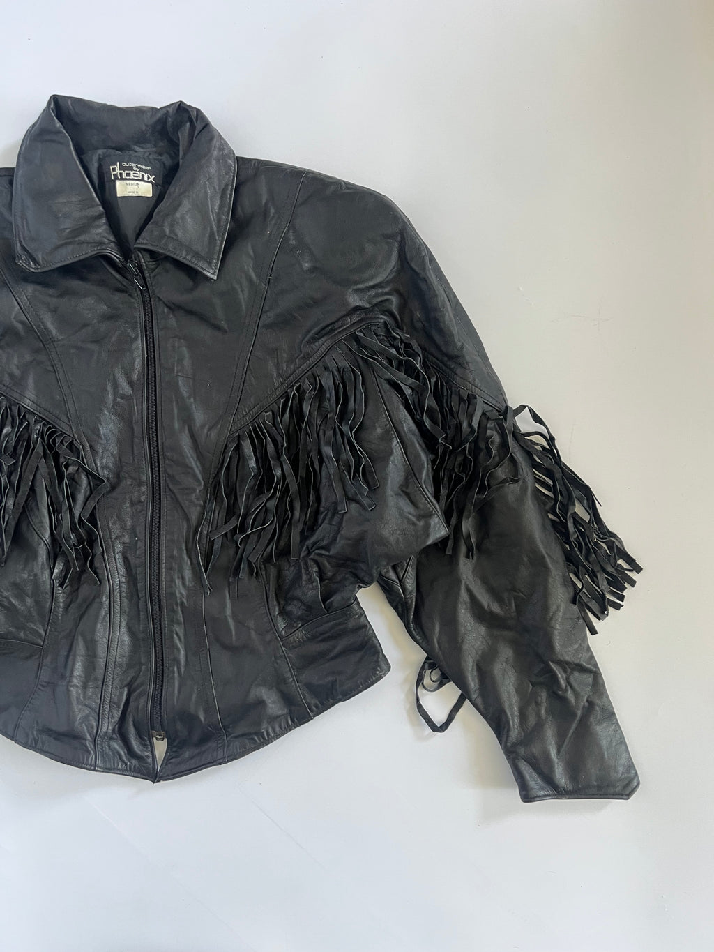 Black leather fringe western jacket