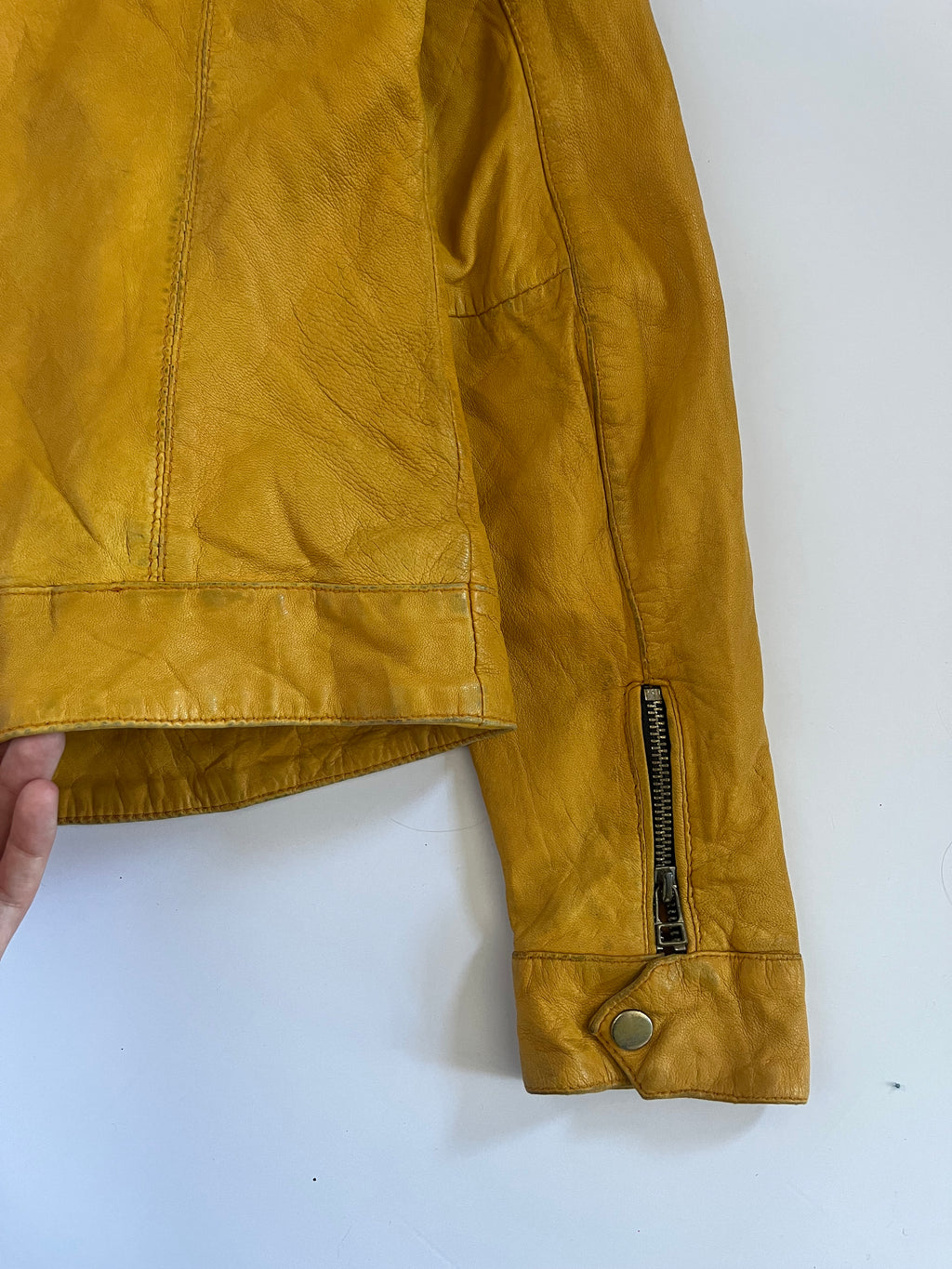 Yellow leather zip up moto jacket