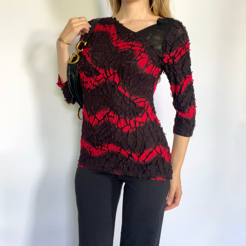 Black & red asymmetric 3/4 length sleeve top